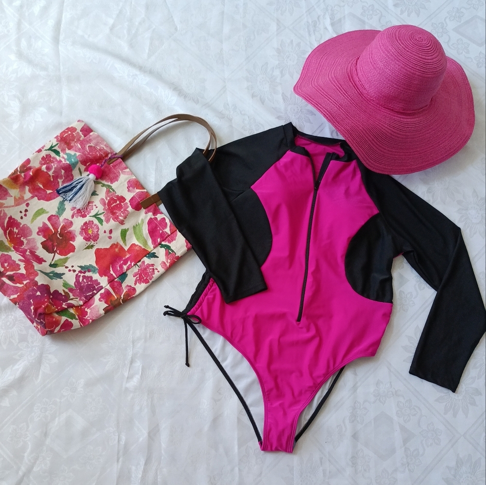 NEW Lot of 3 Long Slv Bathing Suit, Beach Bag, Wide Brim Floppy Beach Hat Pink - Picture 6 of 17